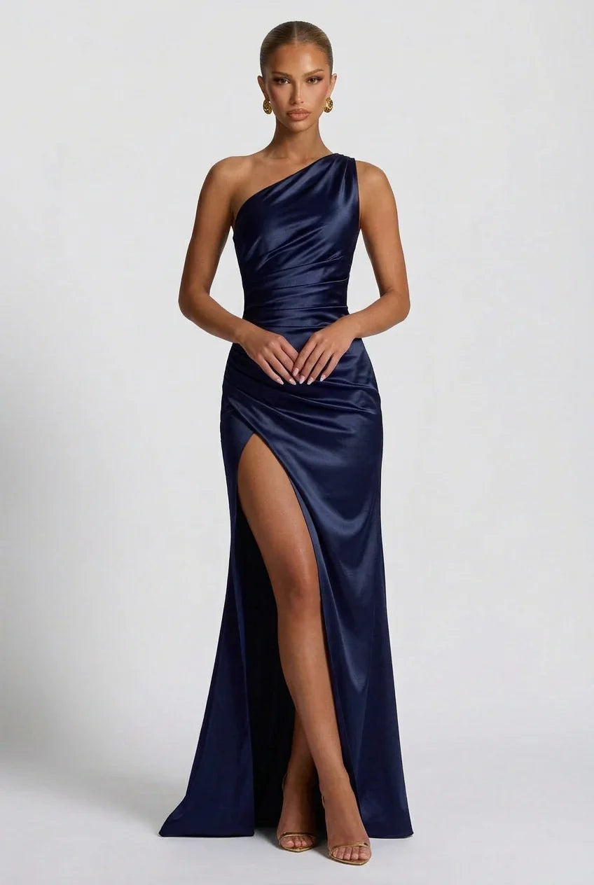 Navy Mermaid One-Shoulder High Slit Floor-Length Wedding Dress - Yihuiw by Yihuiw