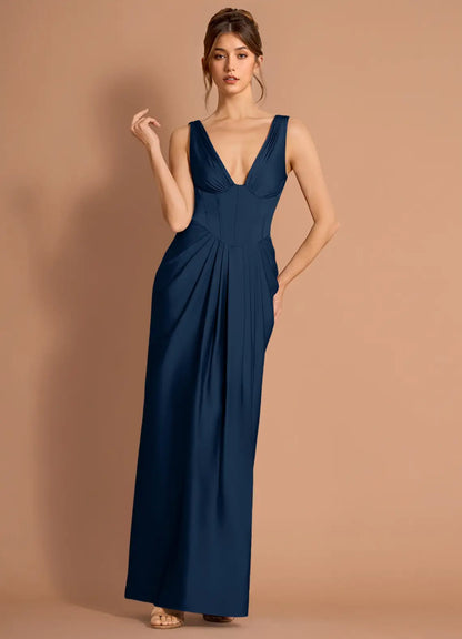 Navy Satin Sleeveless Lace-Up Back Draped Floor-Length Wedding Dress - Yihuiw by Yihuiw