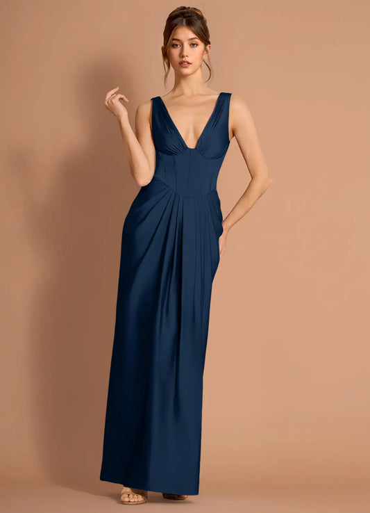 Navy Satin Sleeveless Lace-Up Back Draped Floor-Length Wedding Dress - Yihuiw by Yihuiw