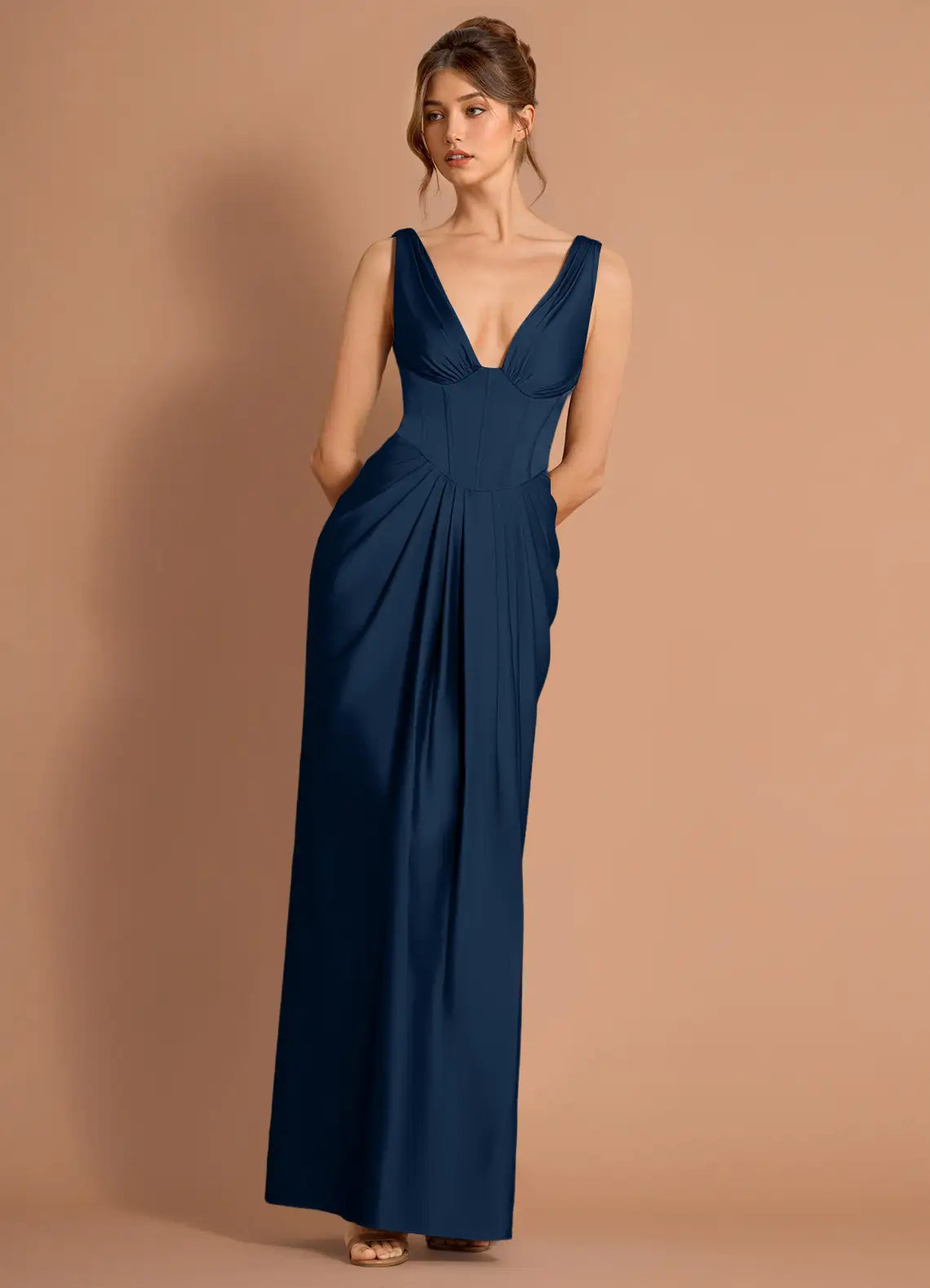Navy Satin Sleeveless Lace-Up Back Draped Floor-Length Wedding Dress - Yihuiw by Yihuiw