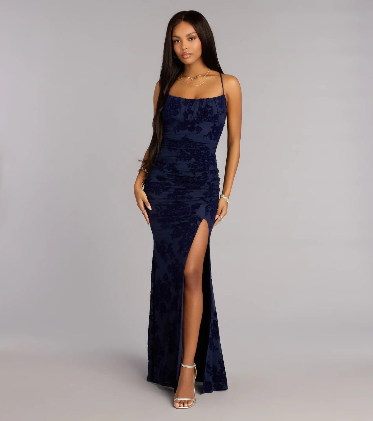 Navy Mermaid Spaghetti Strap Lace High Slit Floor-Length Homecoming Dress - Yihuiw by Yihuiw