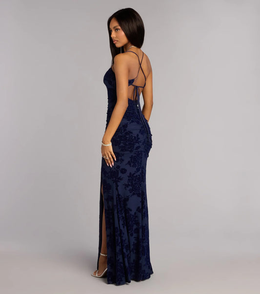 Navy Mermaid Spaghetti Strap Lace High Slit Floor-Length Homecoming Dress - Yihuiw by Yihuiw