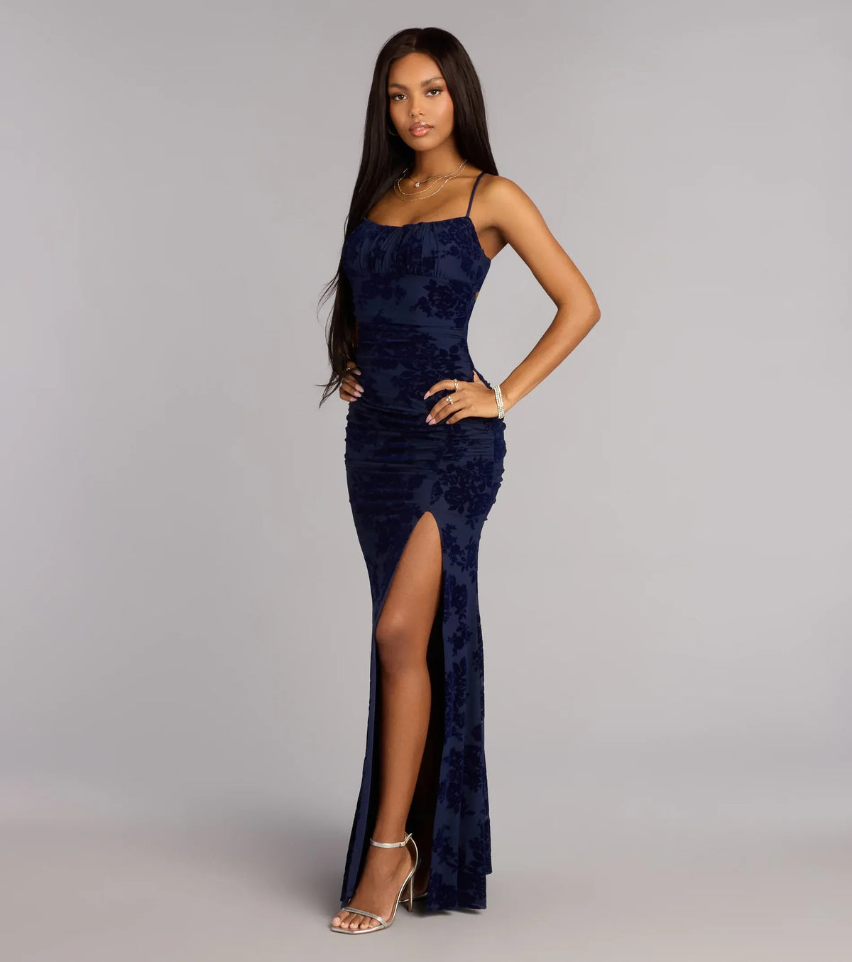 Navy Mermaid Spaghetti Strap Lace High Slit Floor-Length Homecoming Dress - Yihuiw by Yihuiw