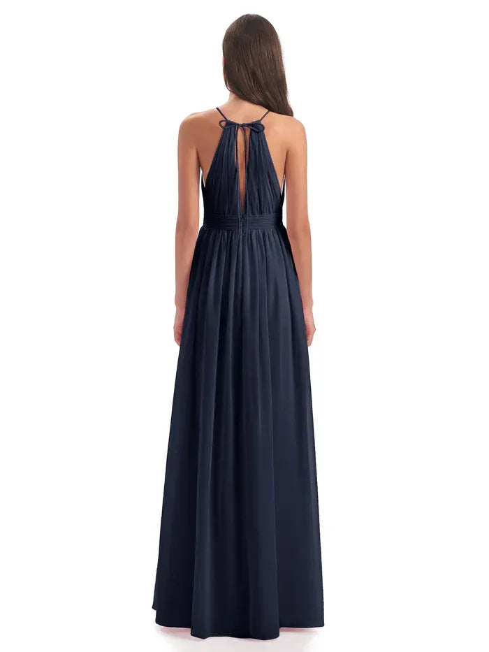 Navy A-Line Halter Chiffon Pleated Floor-Length Wedding Dress - Yihuiw by Yihuiw