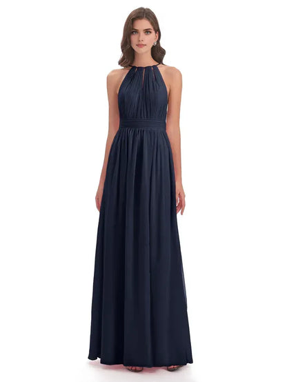Navy A-Line Halter Chiffon Pleated Floor-Length Wedding Dress - Yihuiw by Yihuiw