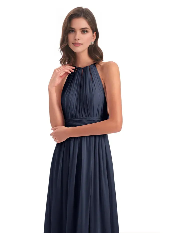 Navy A-Line Halter Chiffon Pleated Floor-Length Wedding Dress - Yihuiw by Yihuiw