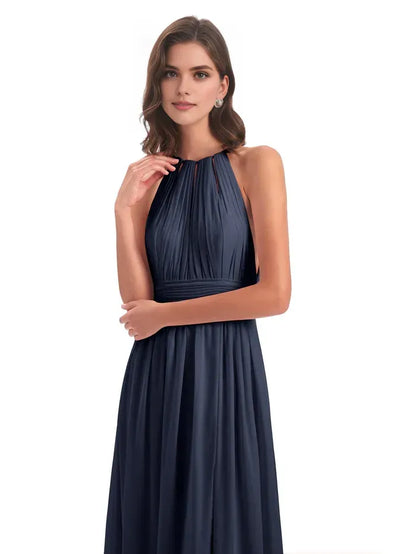 Navy A-Line Halter Chiffon Pleated Floor-Length Wedding Dress - Yihuiw by Yihuiw