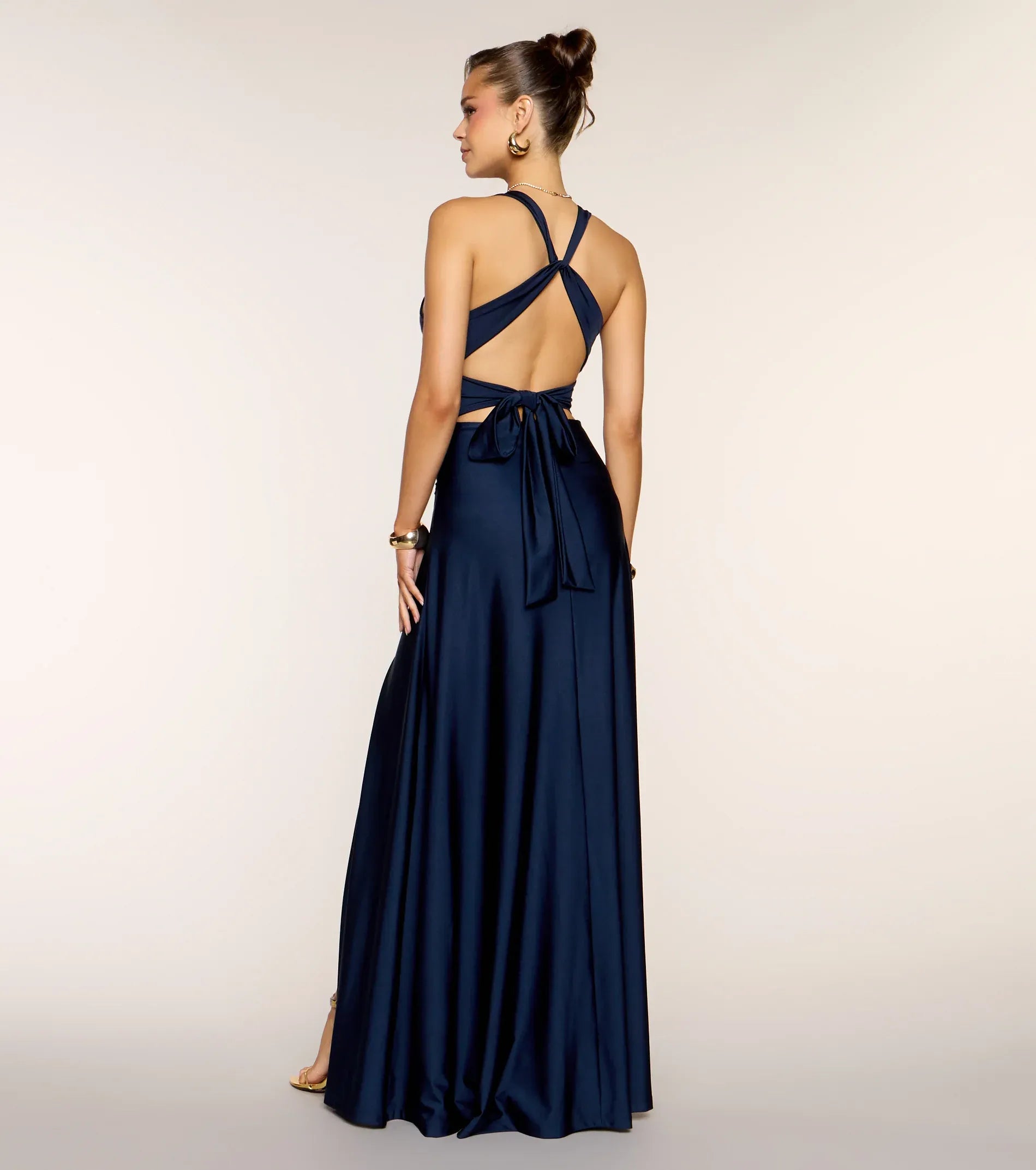 Navy A-Line Halter Satin High Slit Floor-Length Wedding Dress - Yihuiw by Yihuiw
