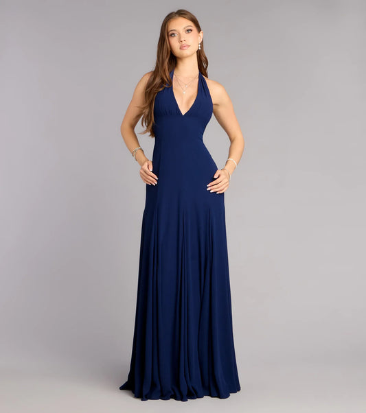 Navy A-Line Halter Chiffon Pleated Floor-Length Wedding Dress - Yihuiw by Yihuiw