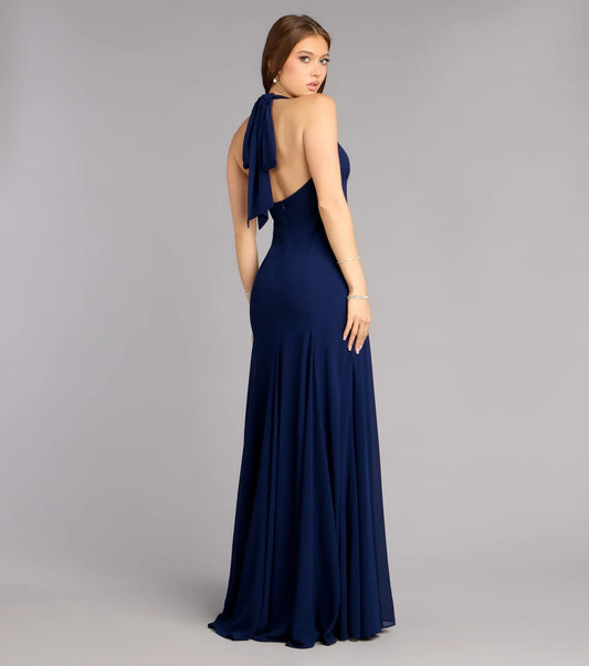 Navy A-Line Halter Chiffon Pleated Floor-Length Wedding Dress - Yihuiw by Yihuiw