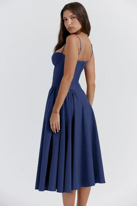 Navy A-Line Sweetheart Lace-Up Back Midi Wedding Dress - Yihuiw by Yihuiw