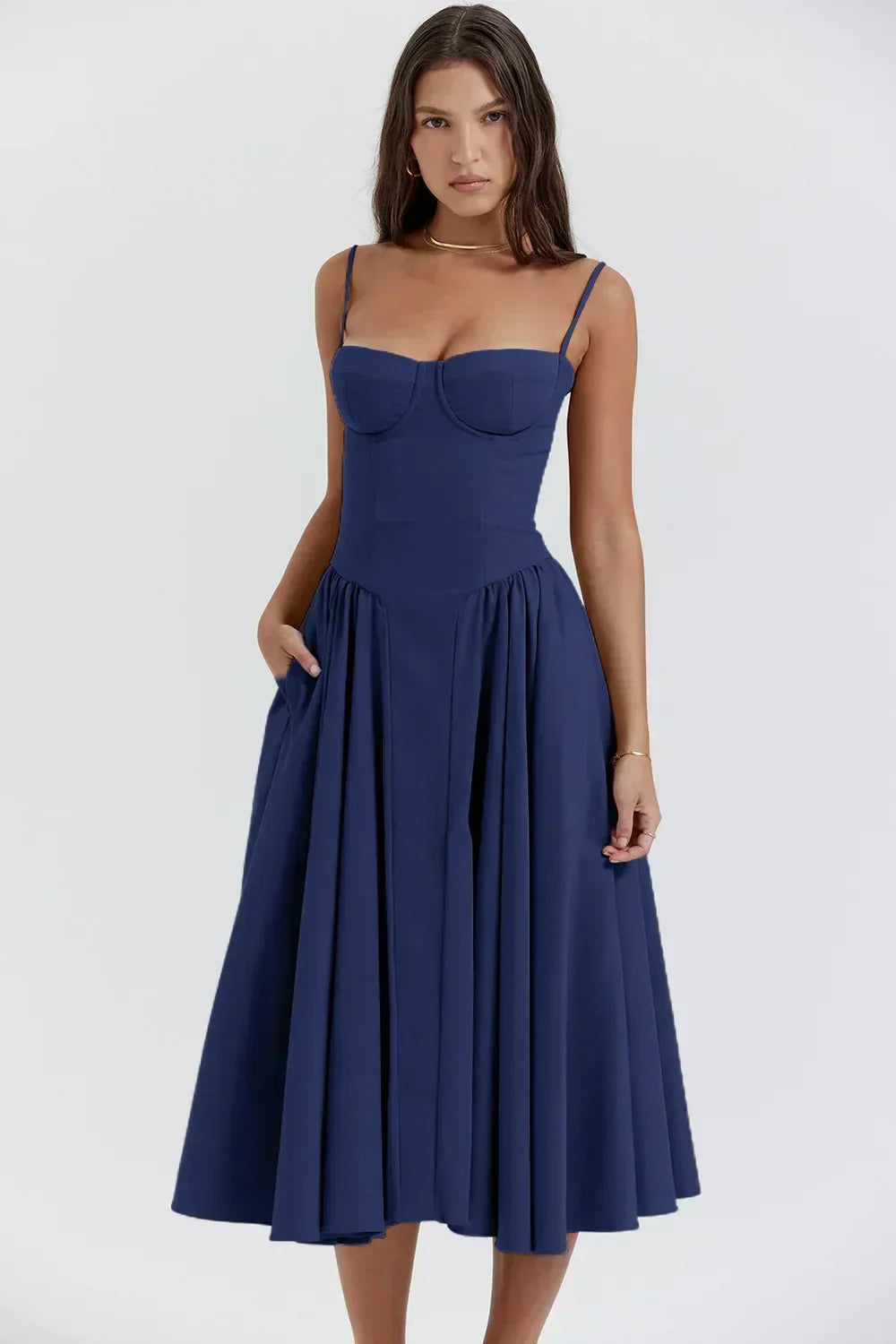 Navy A-Line Sweetheart Lace-Up Back Midi Wedding Dress - Yihuiw by Yihuiw