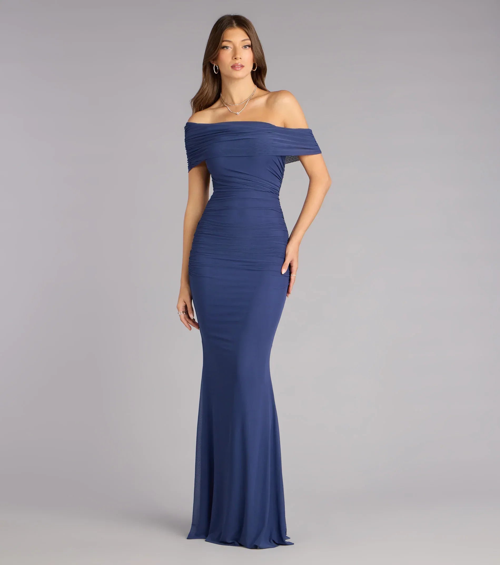 Navy Mermaid Off-Shoulder Mesh Ruched Floor-Length Formal Dress - Yihuiw by Yihuiw