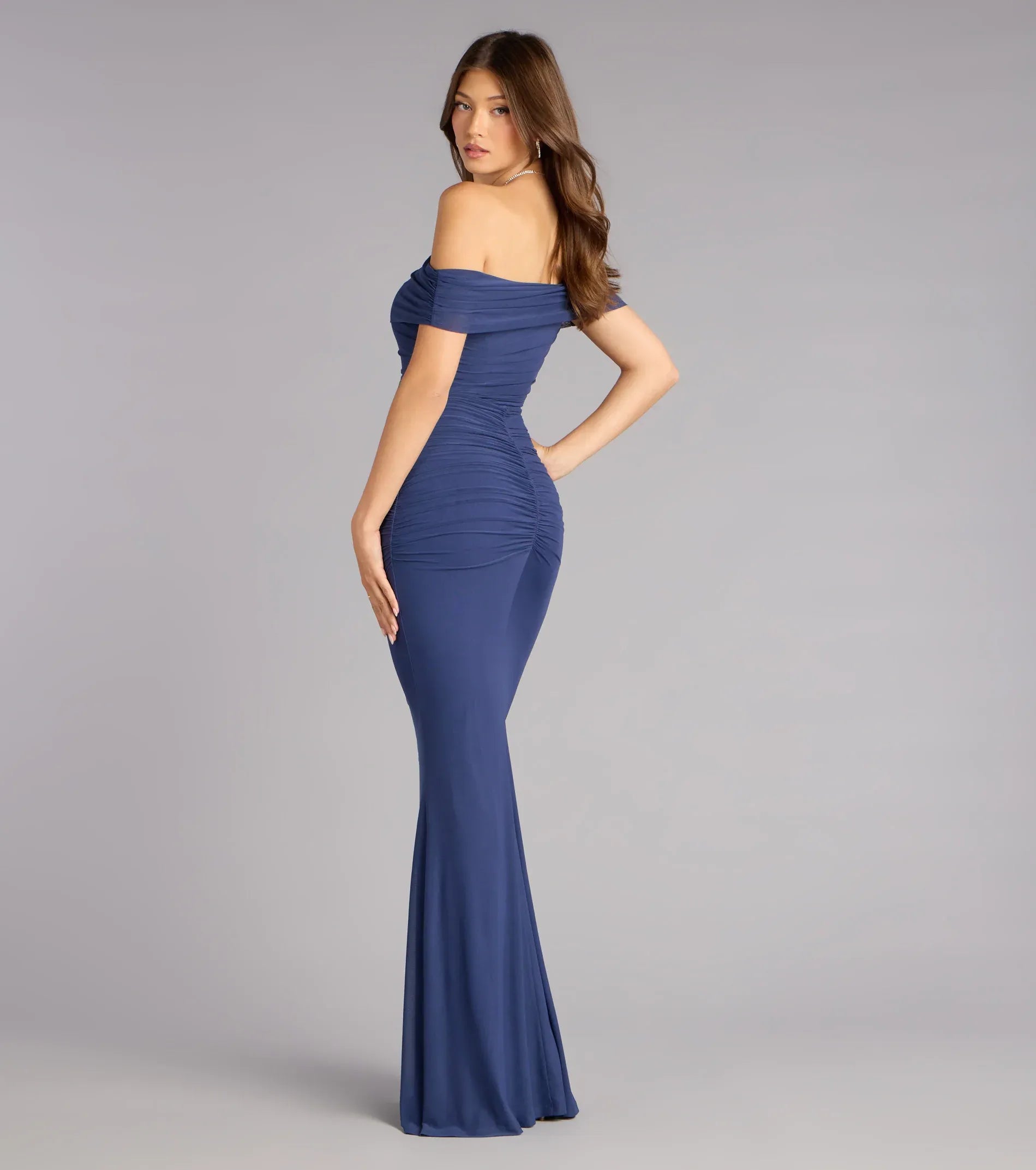 Navy Mermaid Off-Shoulder Mesh Ruched Floor-Length Formal Dress - Yihuiw by Yihuiw