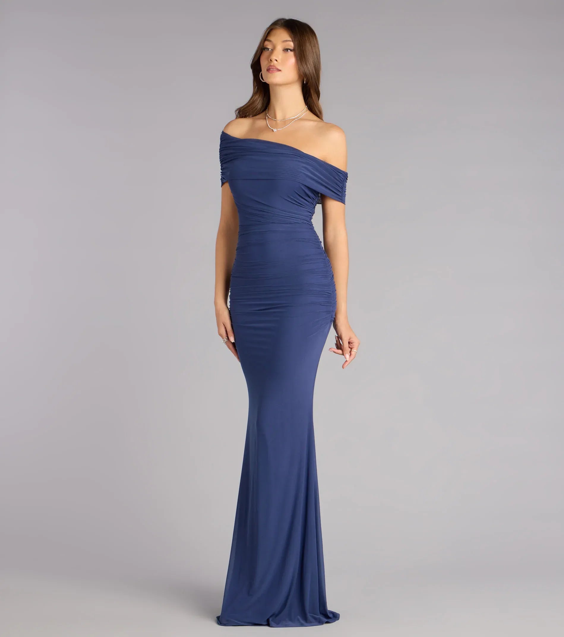 Navy Mermaid Off-Shoulder Mesh Ruched Floor-Length Formal Dress - Yihuiw by Yihuiw