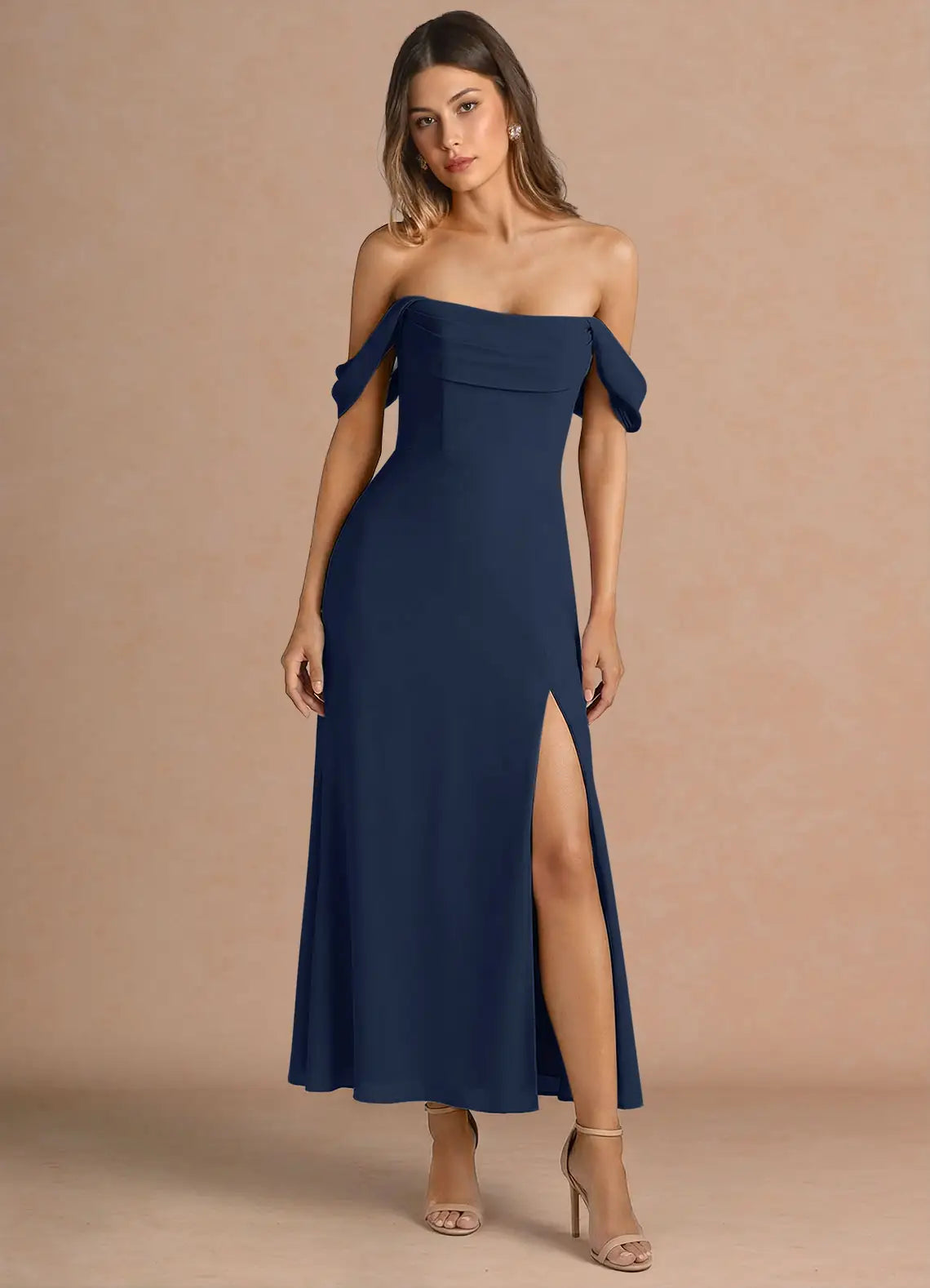 Navy Off-Shoulder Chiffon High Slit Midi Wedding Dress - Yihuiw by Yihuiw