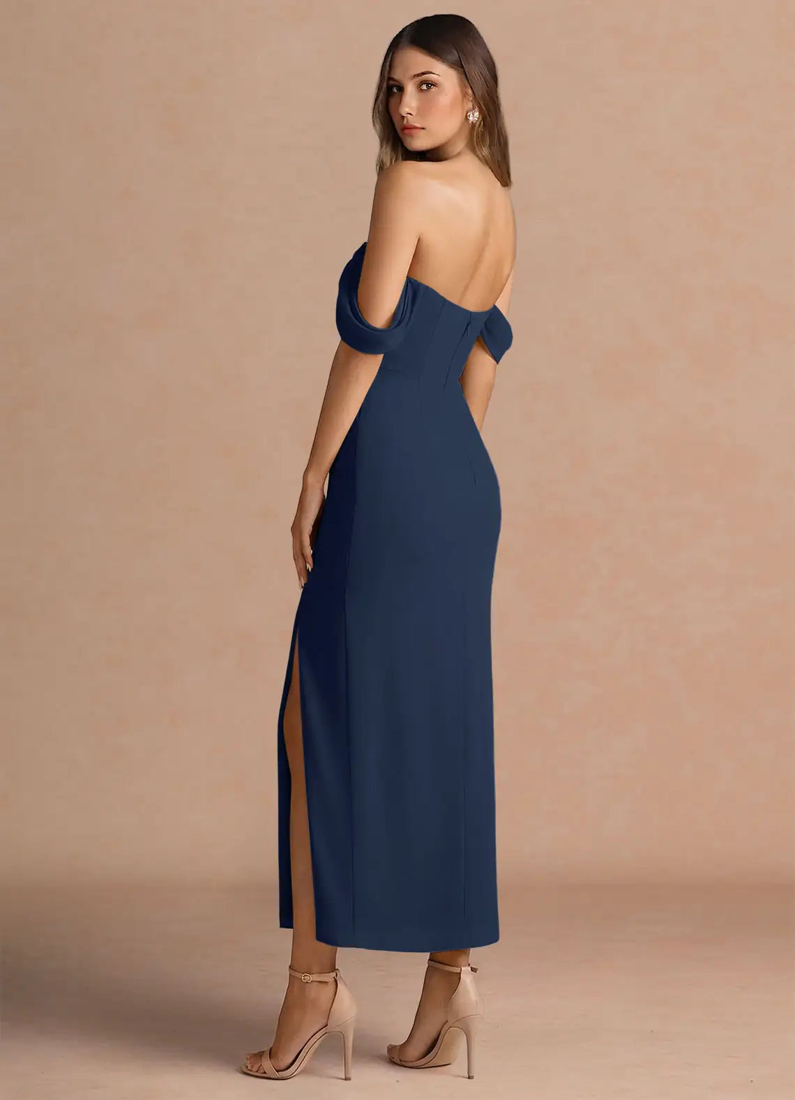 Navy Off-Shoulder Chiffon High Slit Midi Wedding Dress - Yihuiw by Yihuiw