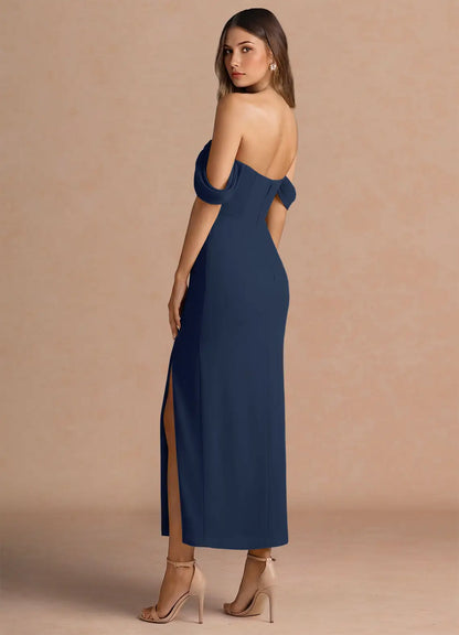 Navy Off-Shoulder Chiffon High Slit Midi Wedding Dress - Yihuiw by Yihuiw