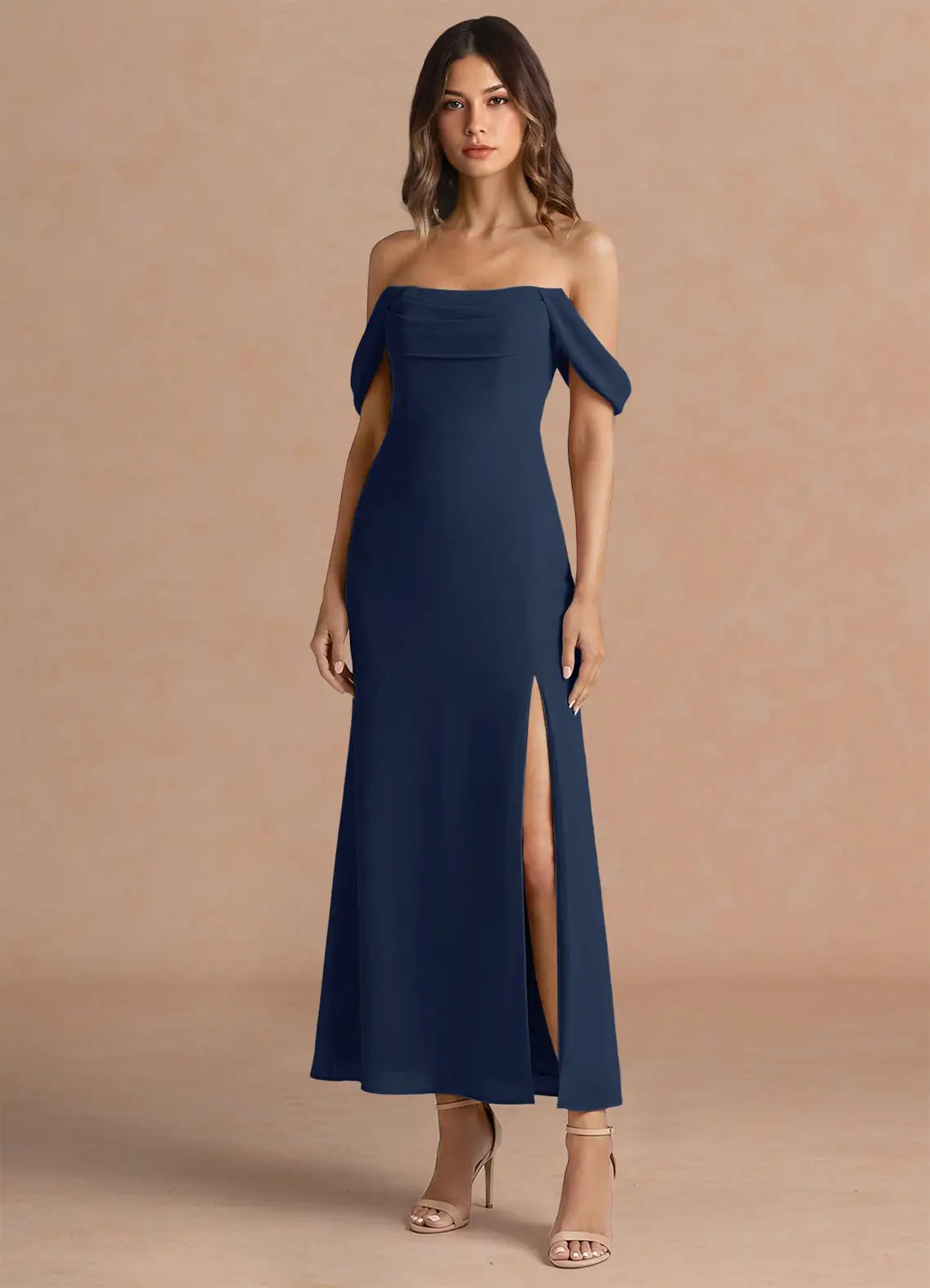 Navy Off-Shoulder Chiffon High Slit Midi Wedding Dress - Yihuiw by Yihuiw