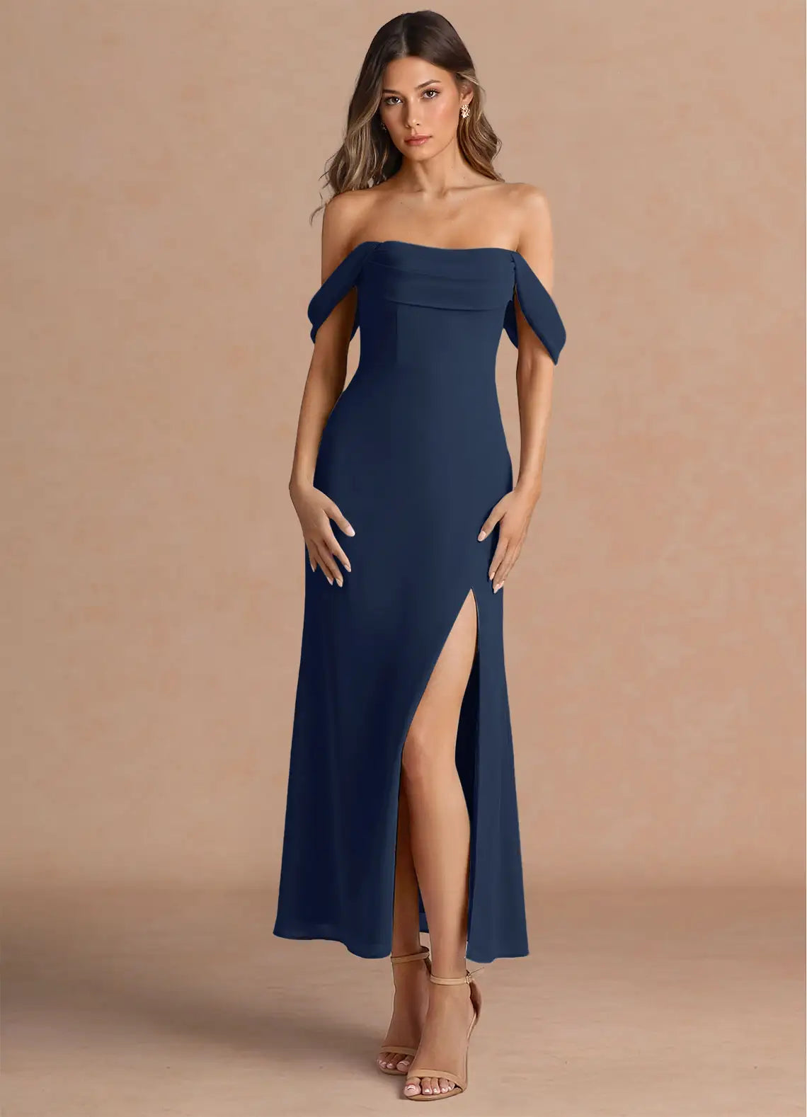 Navy Off-Shoulder Chiffon High Slit Midi Wedding Dress - Yihuiw by Yihuiw