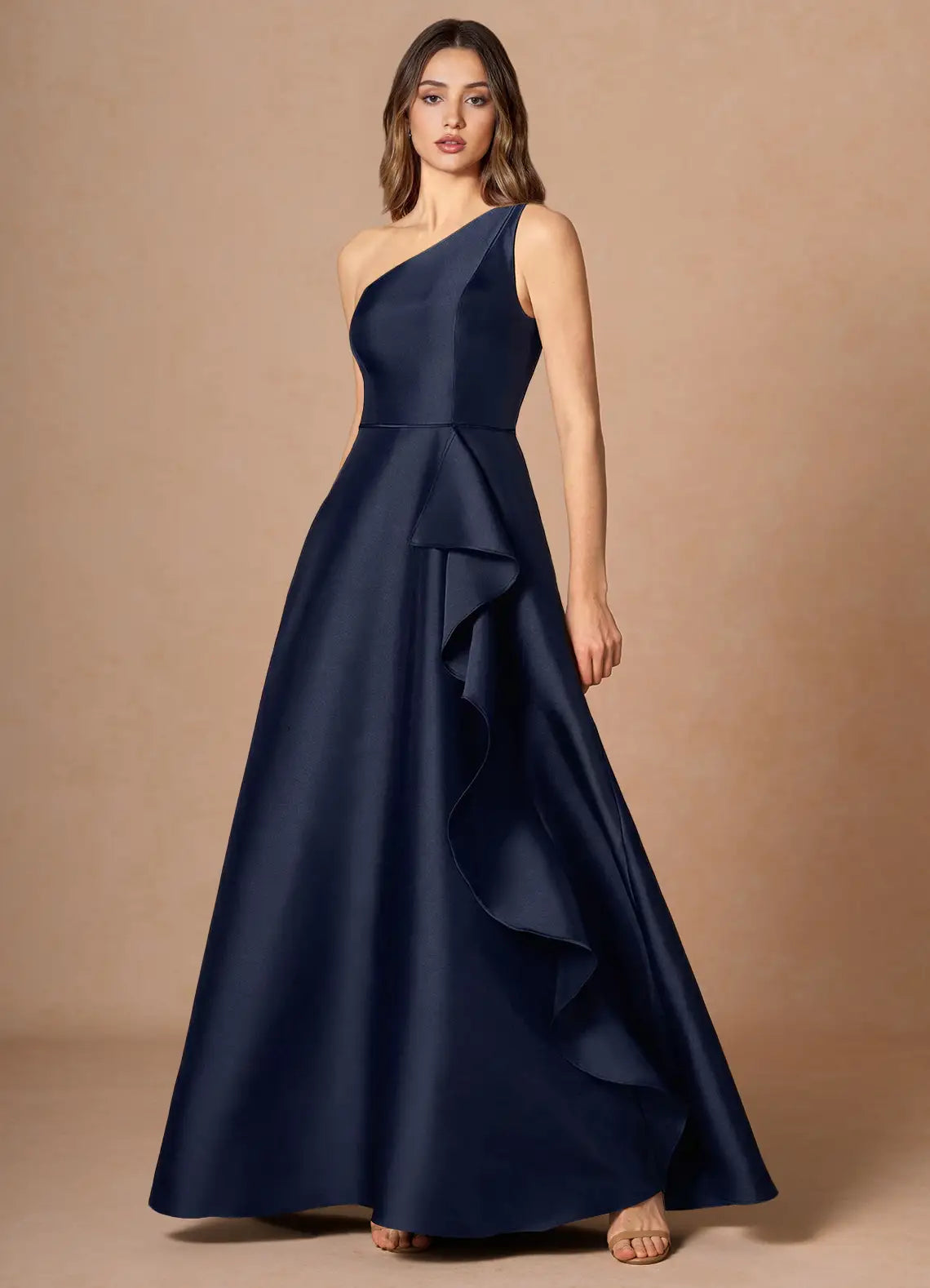 Navy A-Line One-Shoulder Satin Ruffled Floor-Length Wedding Dress - Yihuiw by Yihuiw