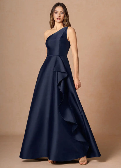 Navy A-Line One-Shoulder Satin Ruffled Floor-Length Wedding Dress - Yihuiw by Yihuiw