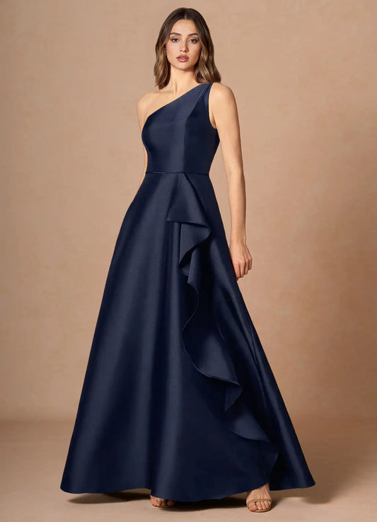 Navy A-Line One-Shoulder Satin Ruffled Floor-Length Wedding Dress - Yihuiw by Yihuiw