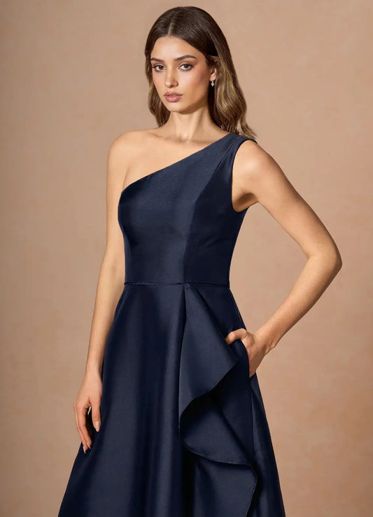 Navy A-Line One-Shoulder Satin Ruffled Floor-Length Wedding Dress - Yihuiw by Yihuiw