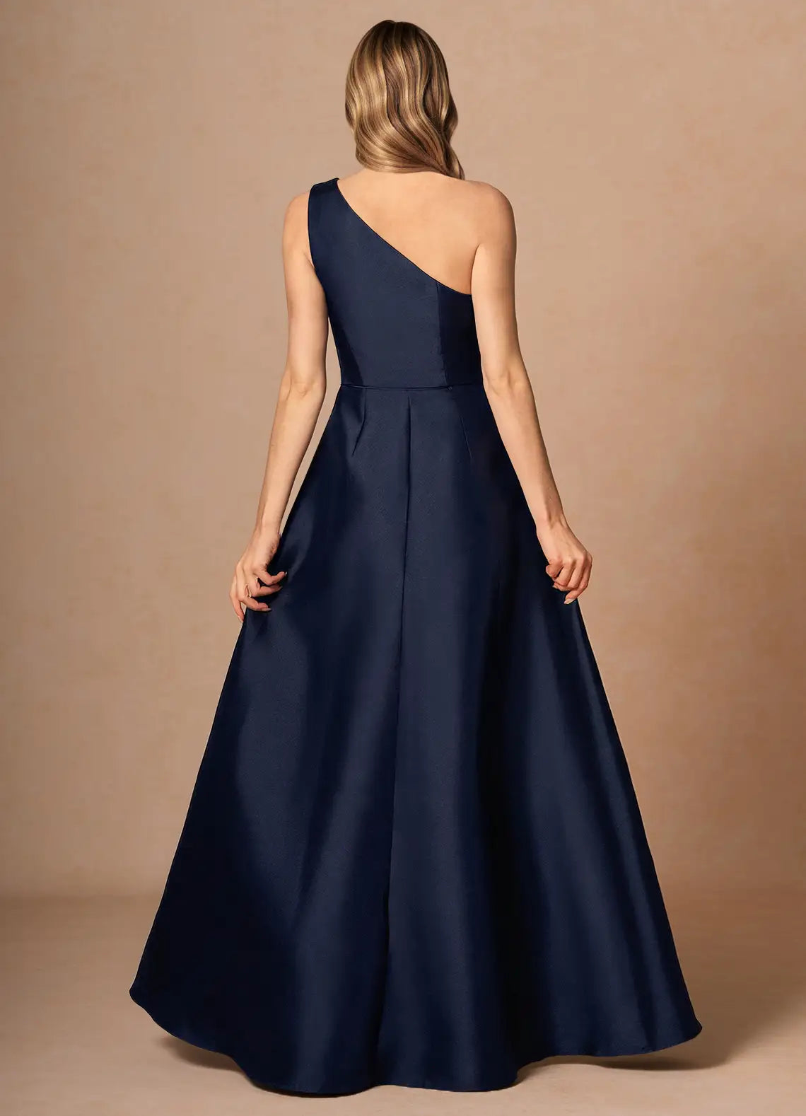 Navy A-Line One-Shoulder Satin Ruffled Floor-Length Wedding Dress - Yihuiw by Yihuiw