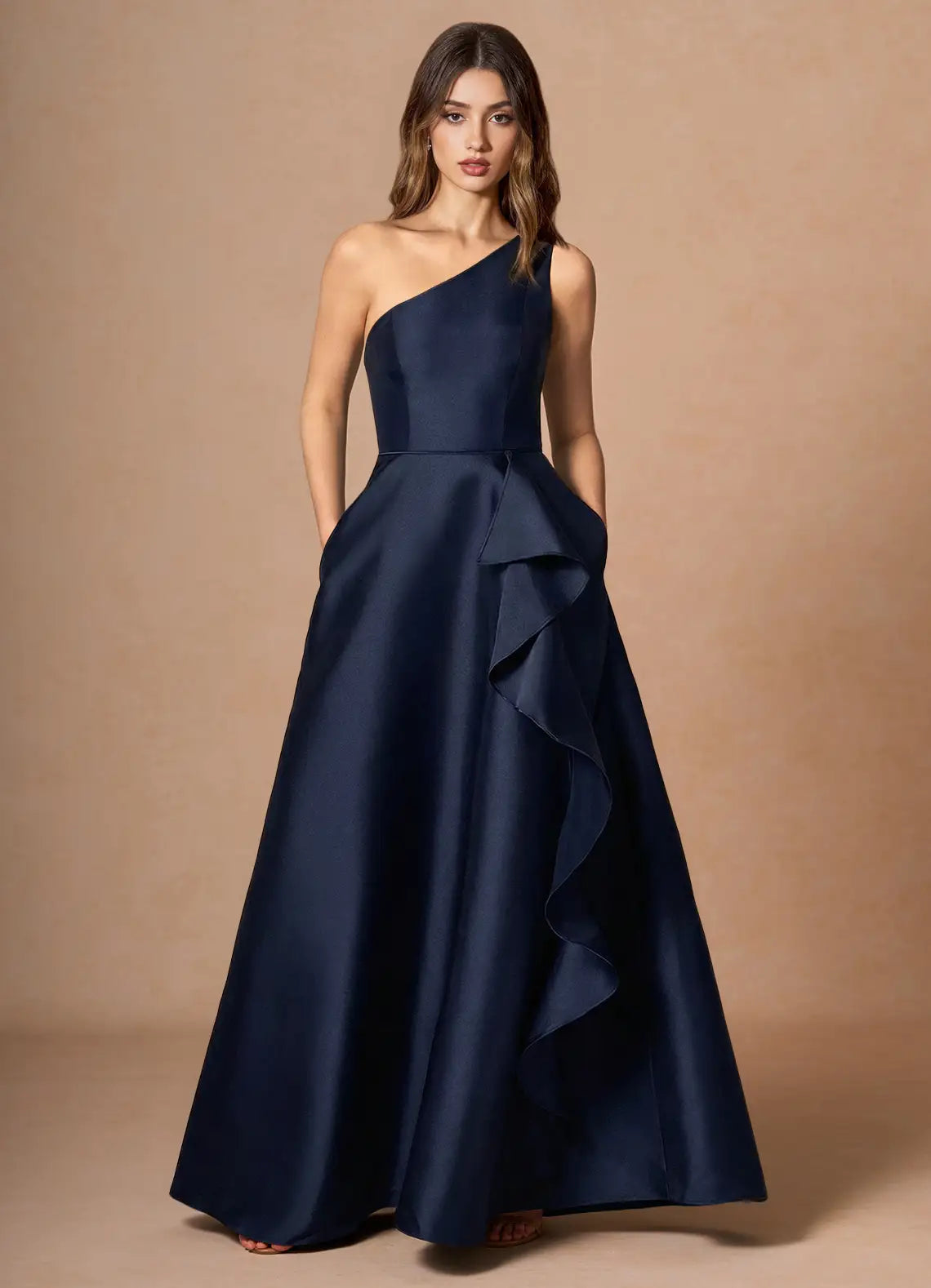 Navy A-Line One-Shoulder Satin Ruffled Floor-Length Wedding Dress - Yihuiw by Yihuiw
