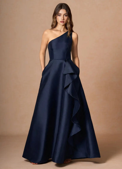 Navy A-Line One-Shoulder Satin Ruffled Floor-Length Wedding Dress - Yihuiw by Yihuiw
