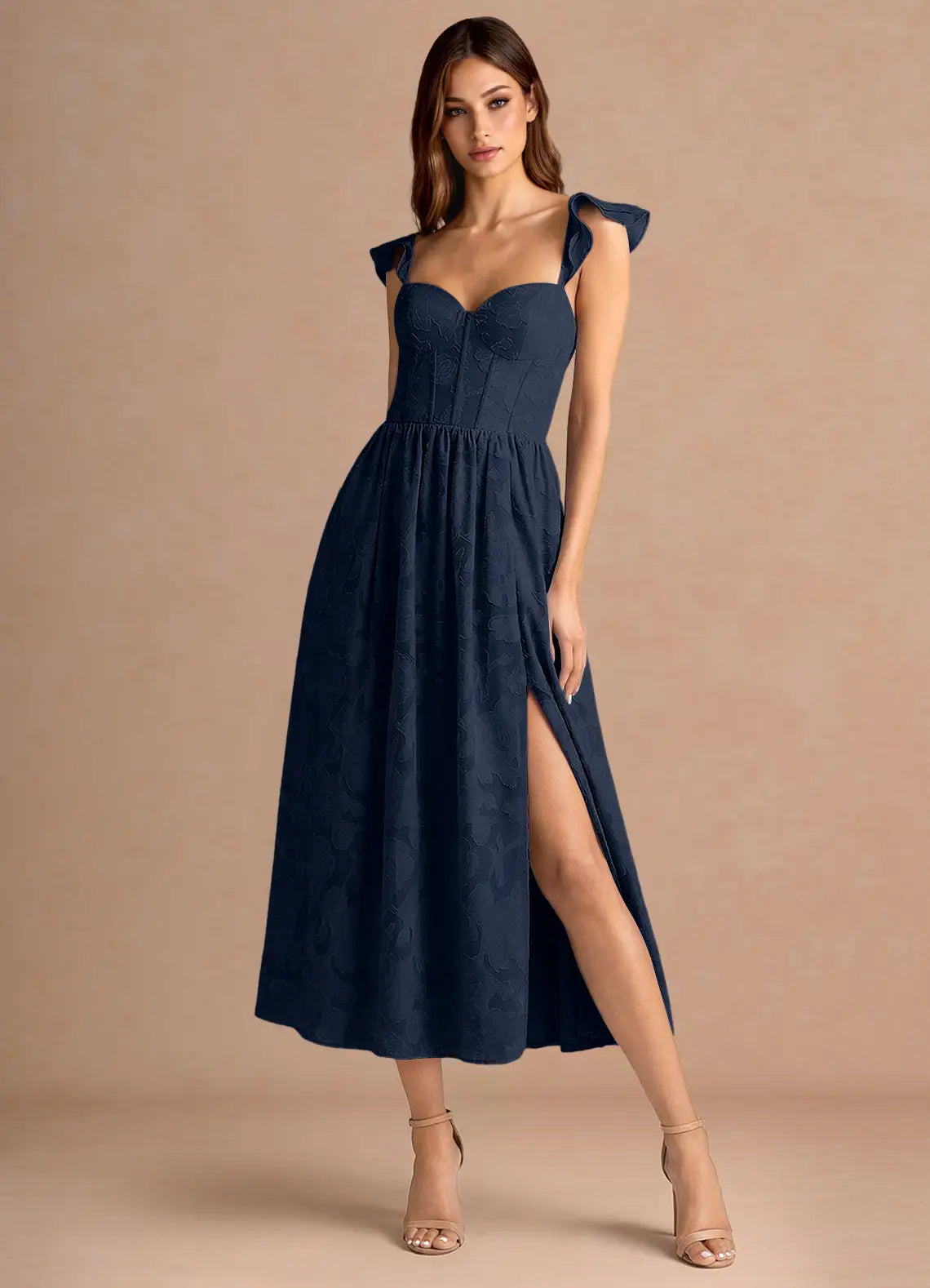 Navy Sweetheart Lace-Up Back High Slit Midi Wedding Dress - Yihuiw by Yihuiw