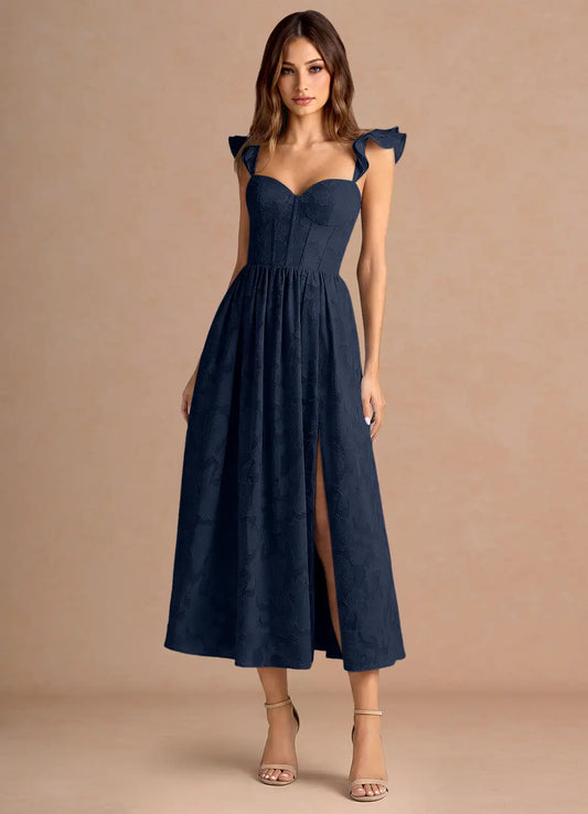 Navy Sweetheart Lace-Up Back High Slit Midi Wedding Dress - Yihuiw by Yihuiw