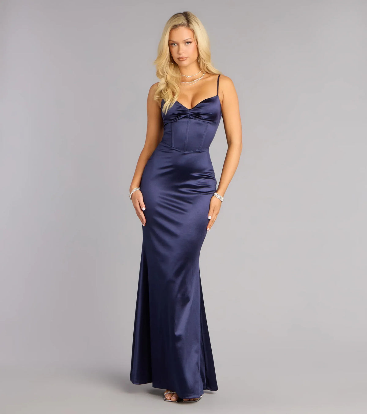 Navy Mermaid Spaghetti Strap Satin Lace-Up Back Floor-Length Wedding Dress - Yihuiw by Yihuiw