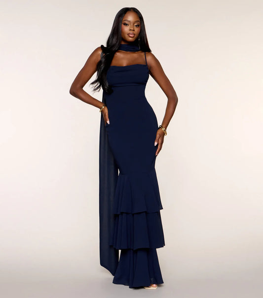 Navy Mermaid Spaghetti Strap Ruffled Floor-Length Wedding Dress - Yihuiw by Yihuiw