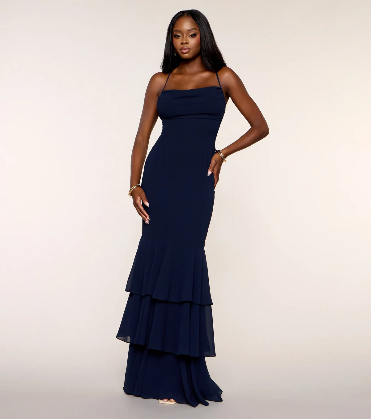 Navy Mermaid Spaghetti Strap Ruffled Floor-Length Wedding Dress - Yihuiw by Yihuiw