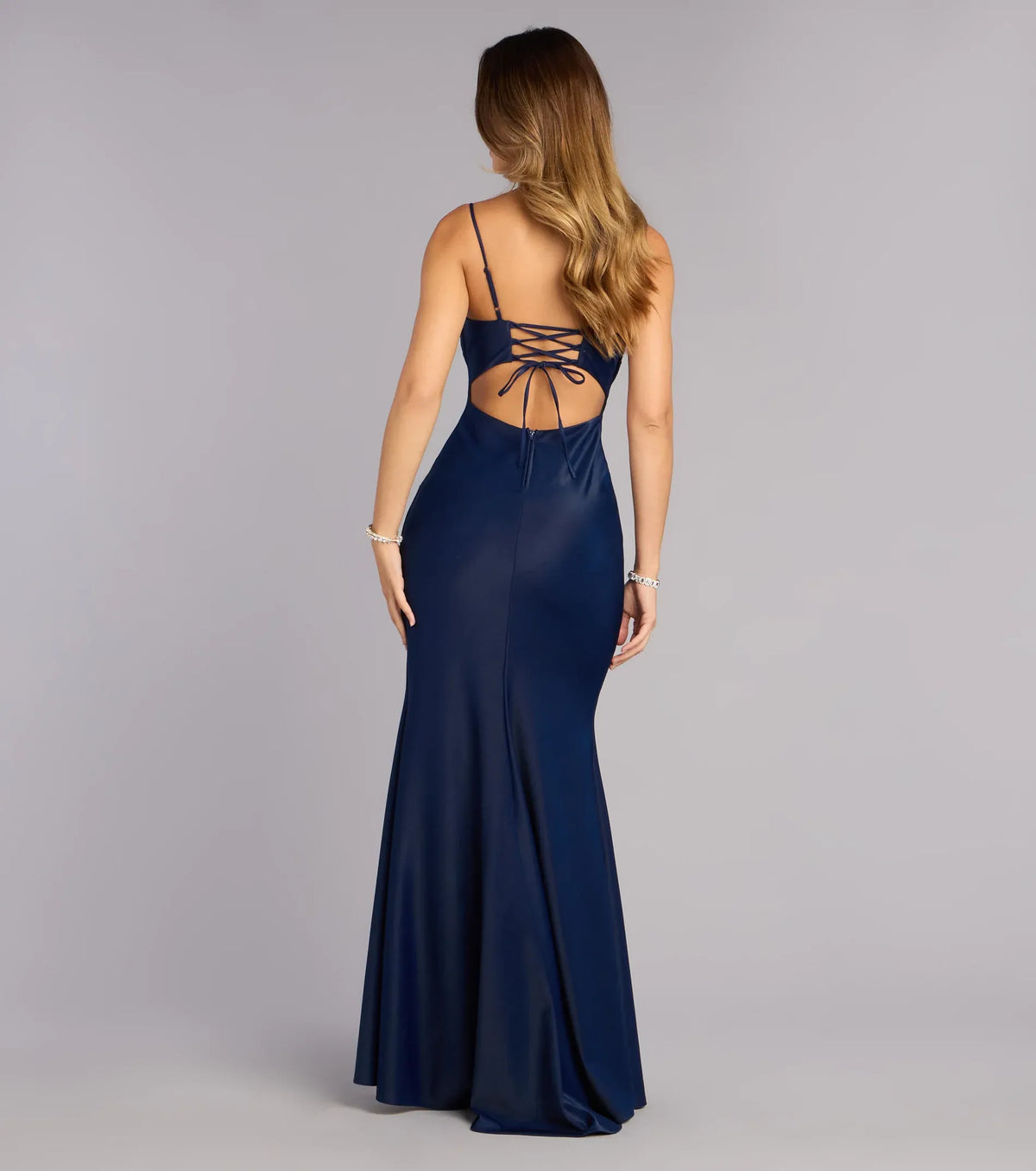 Navy Mermaid Spaghetti Strap Lace High Slit Floor-Length Wedding Dress - Yihuiw by Yihuiw