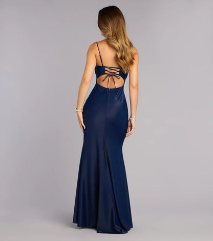 Navy Mermaid Spaghetti Strap Lace High Slit Floor-Length Wedding Dress - Yihuiw by Yihuiw