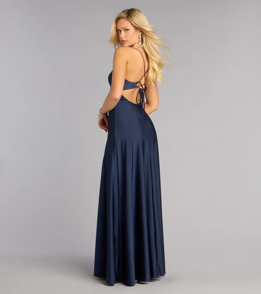 Navy A-Line V-Neck Satin High Slit Floor-Length Wedding Dress - Yihuiw by Yihuiw