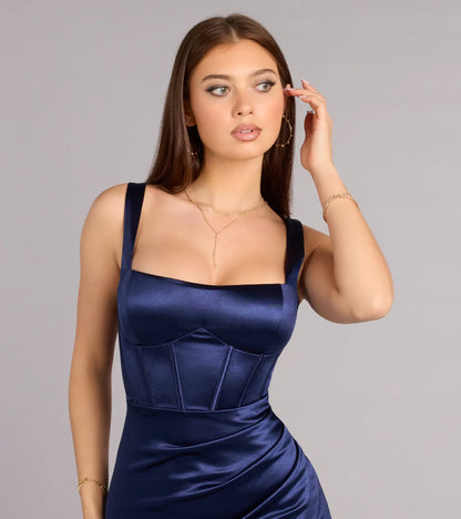 Navy Mermaid Square Neck Satin Lace-Up Back High Slit Floor-Length Wedding Dress - Yihuiw by Yihuiw