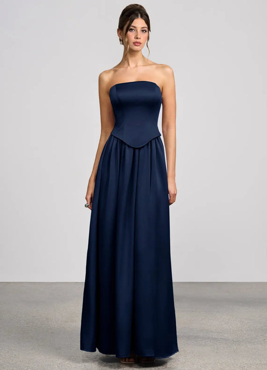 Navy A-Line Strapless Lace-Up Back Floor-Length Wedding Dress - Yihuiw by Yihuiw