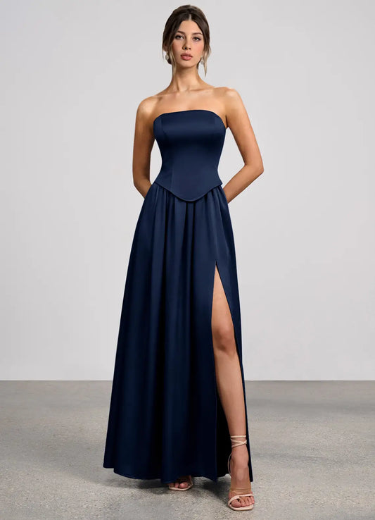 Navy A-Line Strapless Lace-Up Back Floor-Length Wedding Dress - Yihuiw by Yihuiw