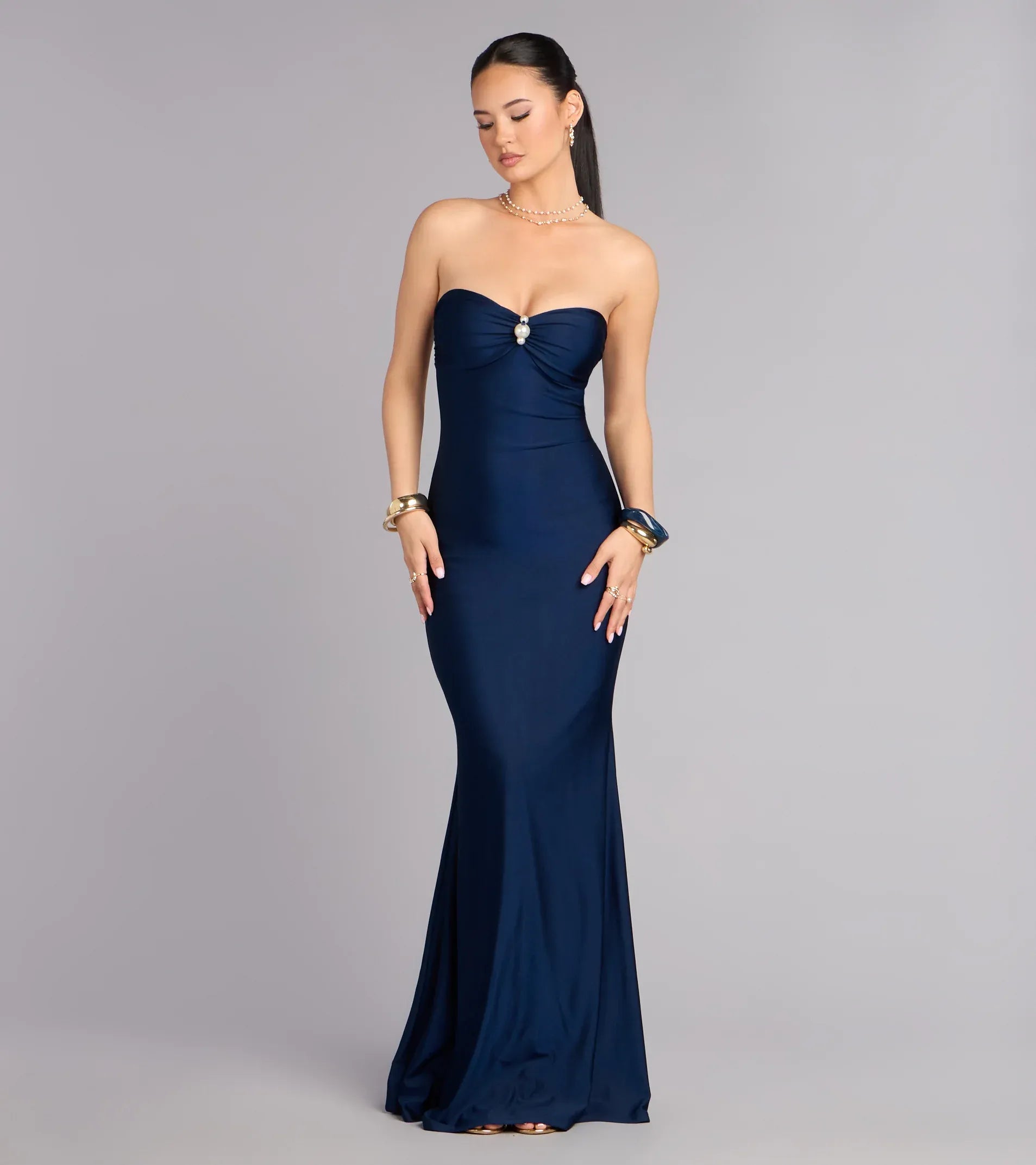 Navy Mermaid Strapless Satin Floor-Length Formal Dress - Yihuiw by Yihuiw