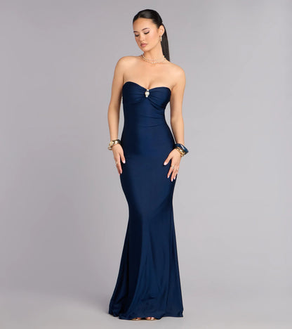 Navy Mermaid Strapless Satin Floor-Length Formal Dress - Yihuiw by Yihuiw