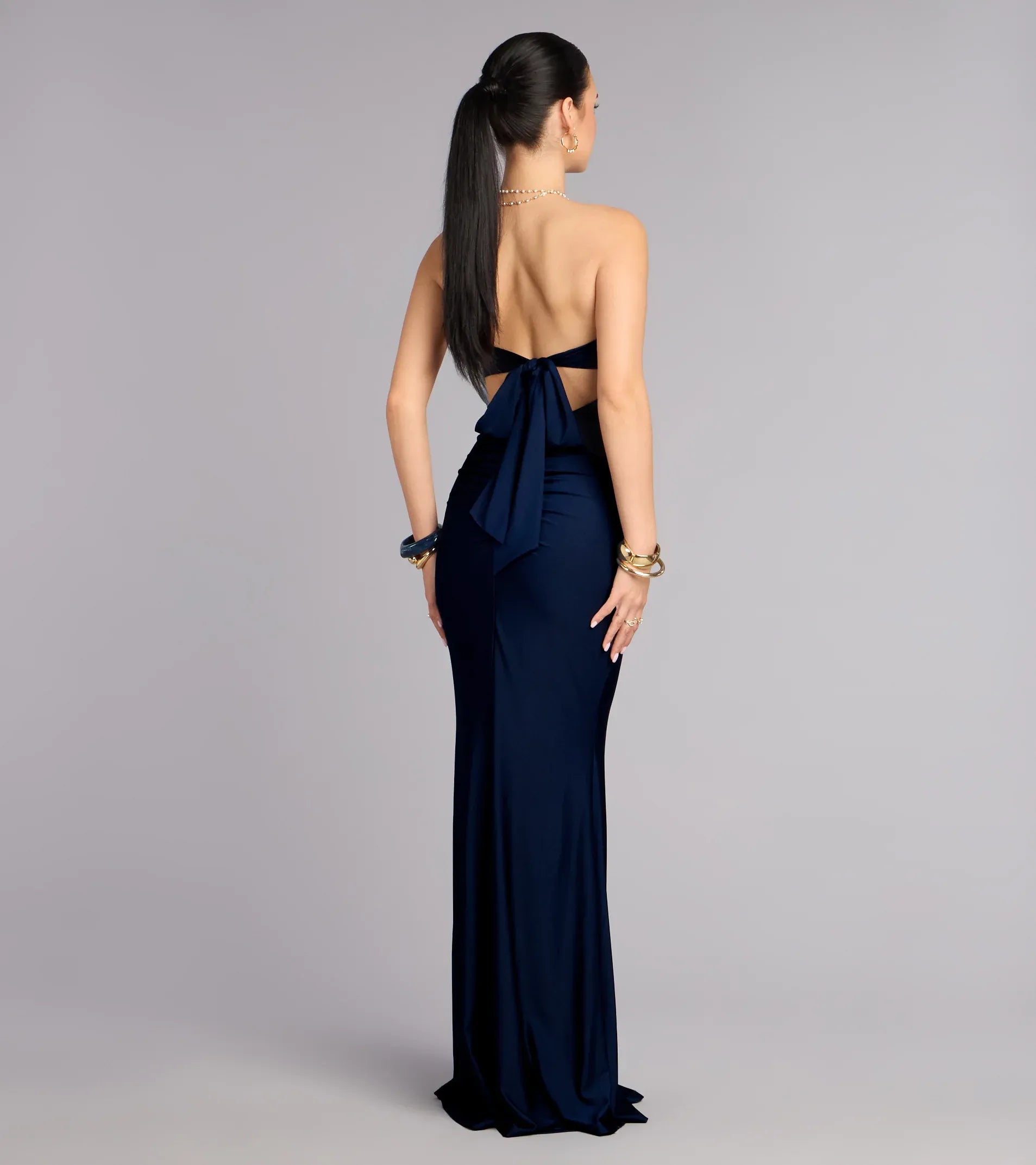 Navy Mermaid Strapless Satin Floor-Length Formal Dress - Yihuiw by Yihuiw