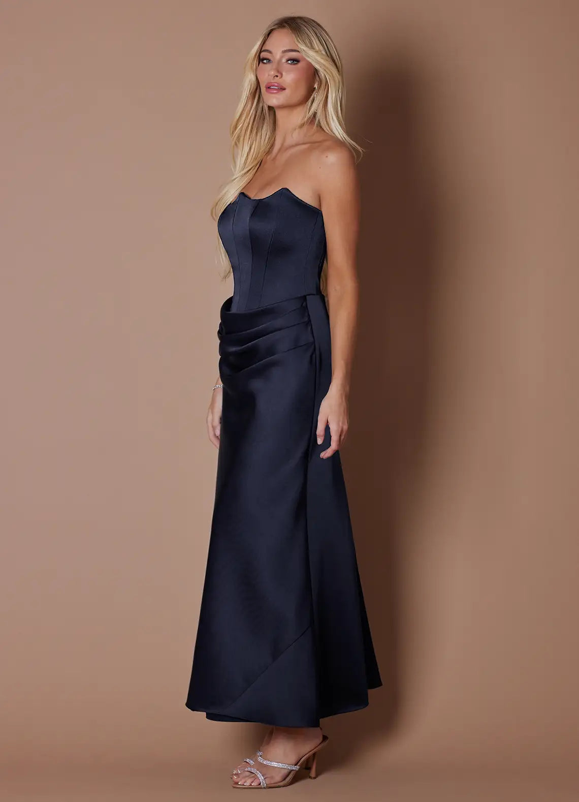 Navy Strapless Satin Lace-Up Back Ruched Midi Wedding Dress - Yihuiw by Yihuiw
