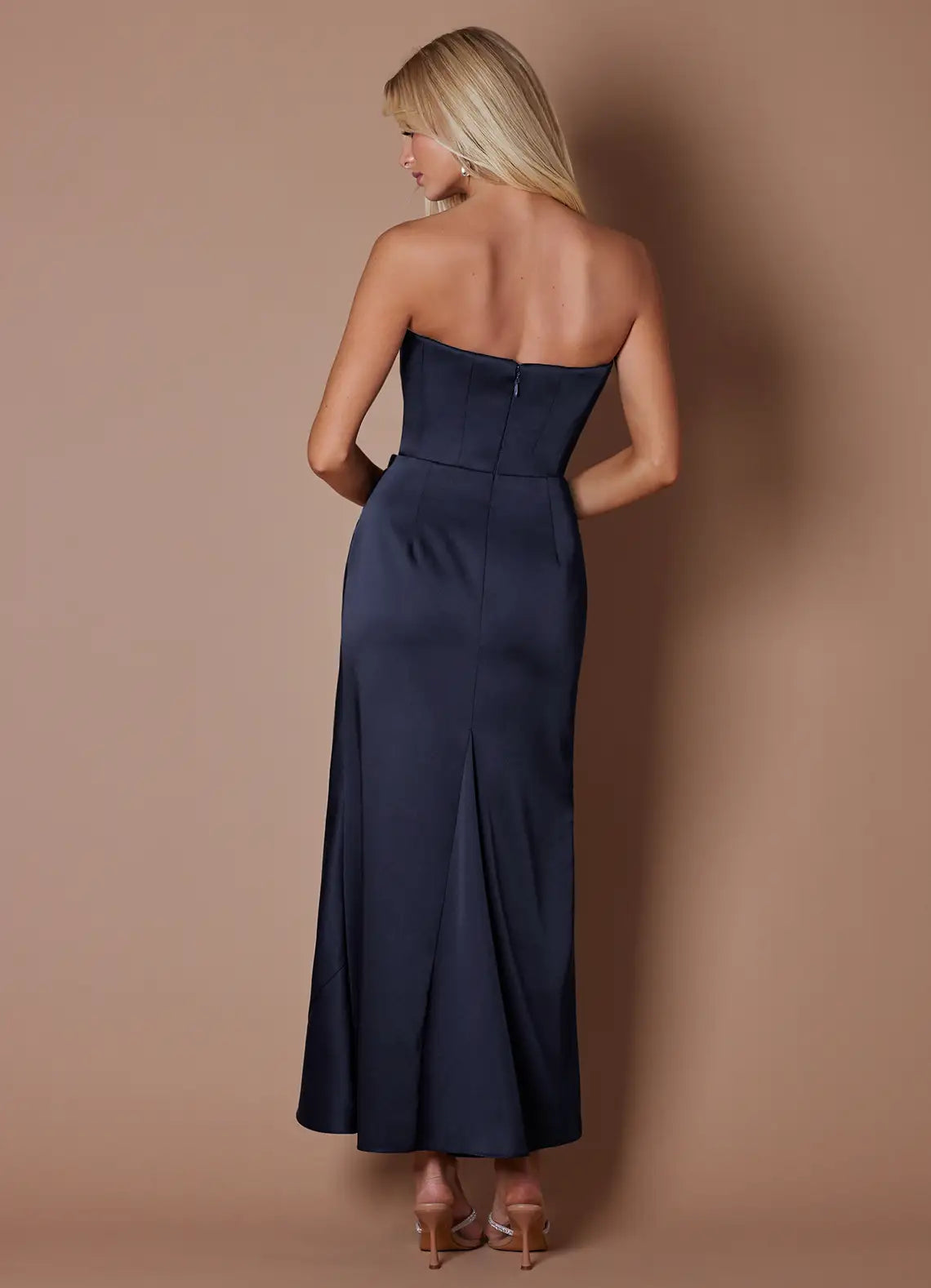 Navy Strapless Satin Lace-Up Back Ruched Midi Wedding Dress - Yihuiw by Yihuiw