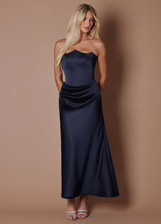 Navy Strapless Satin Lace-Up Back Ruched Midi Wedding Dress - Yihuiw by Yihuiw