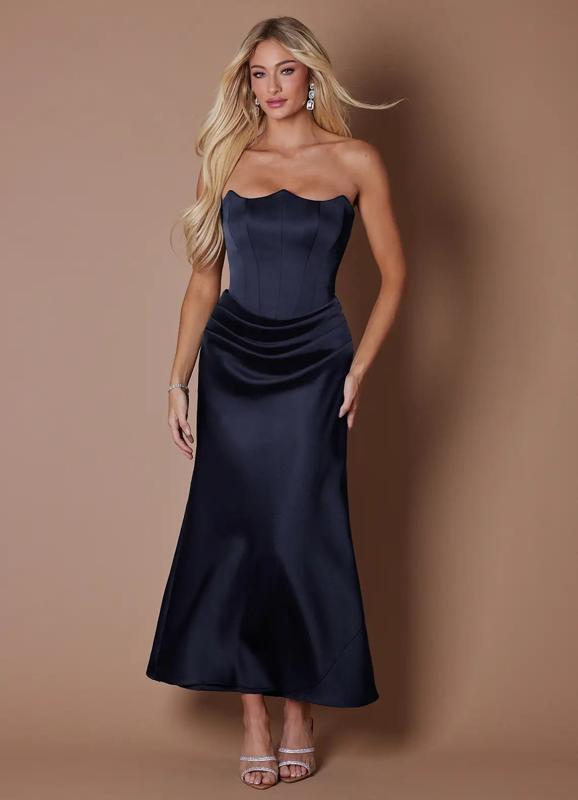 Navy Strapless Satin Lace-Up Back Ruched Midi Wedding Dress - Yihuiw by Yihuiw