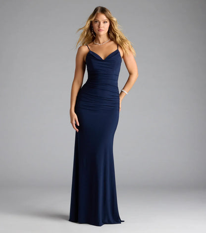 Navy Mermaid Spaghetti Strap Ruched Floor-Length Wedding Dress - Yihuiw by Yihuiw